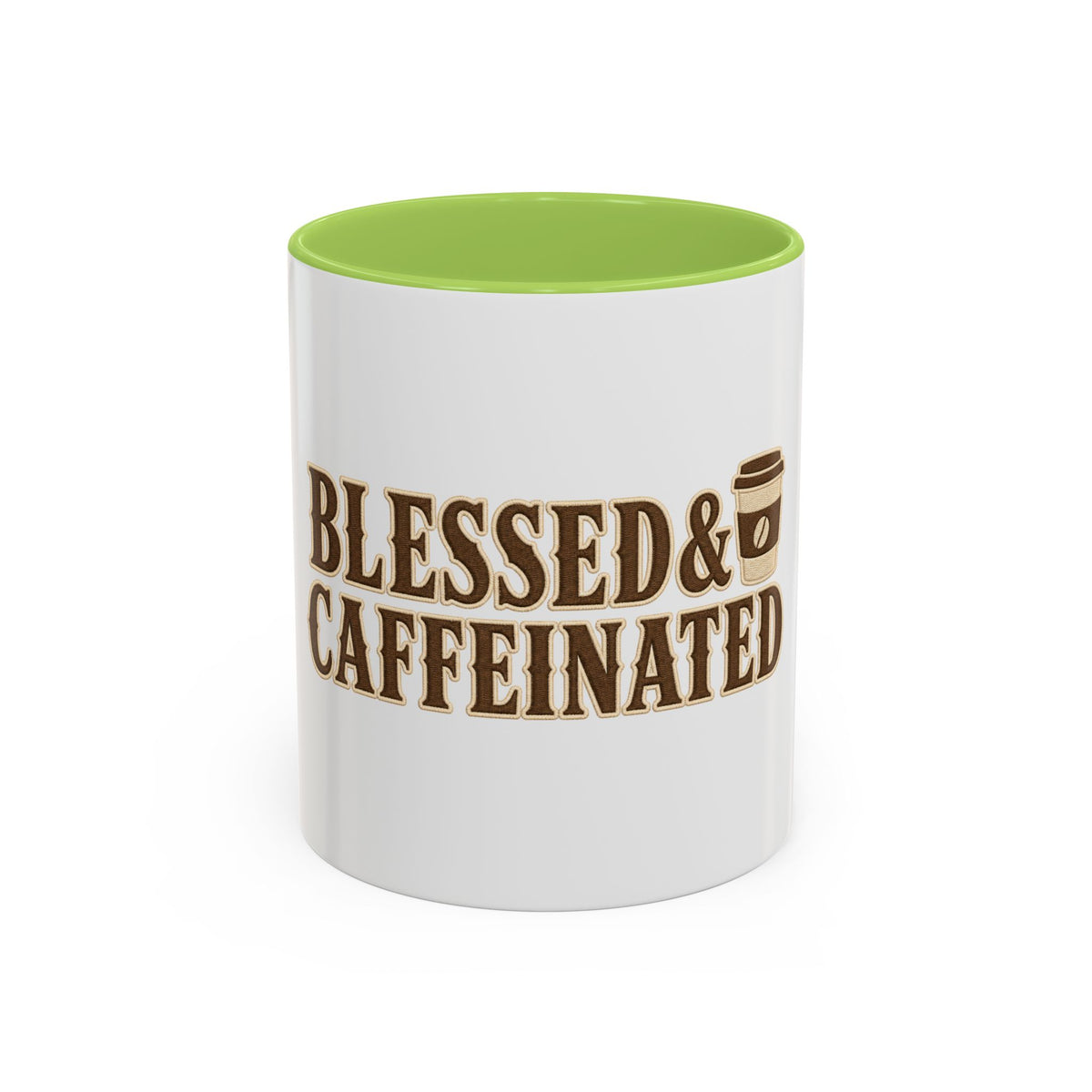Blessed & Caffeinated Mug, mug, Light Green inside and handle, front view, BLESSED & CAFFEINATED., Lamentations 3:22–23 (KJV)
