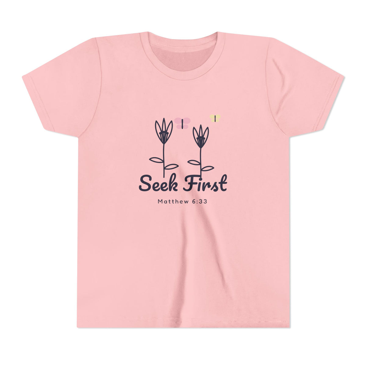 Seek First Lilies Youth Tee, kids' t-shirt, Pink, front view, SEEK FIRST., Matthew 6:33 (KJV)
