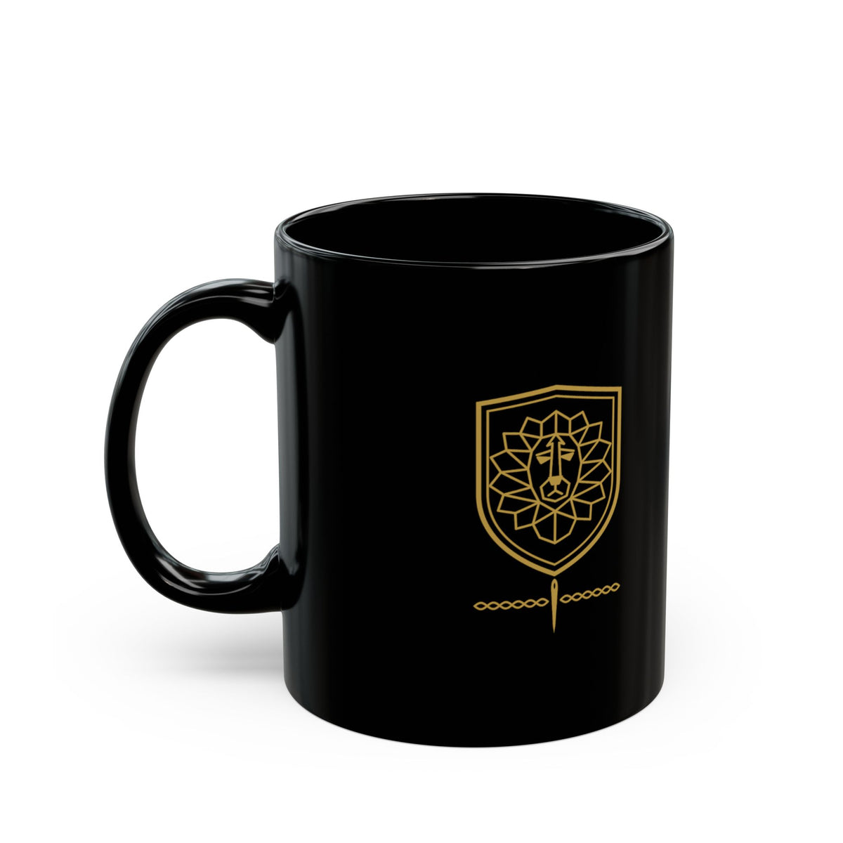 Fear Not Lion Black Mug, 11 oz black ceramic mug, Black, left side view, lion shield crest, FEAR NOT., Isaiah 41:10 (KJV)