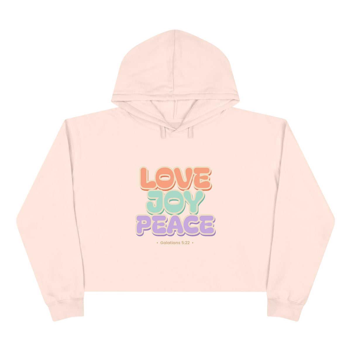 Love Joy Peace Crop Hoodie, crop hoodie, Pale Pink, front view, LOVE. JOY. PEACE., Galatians 5:22 (KJV)