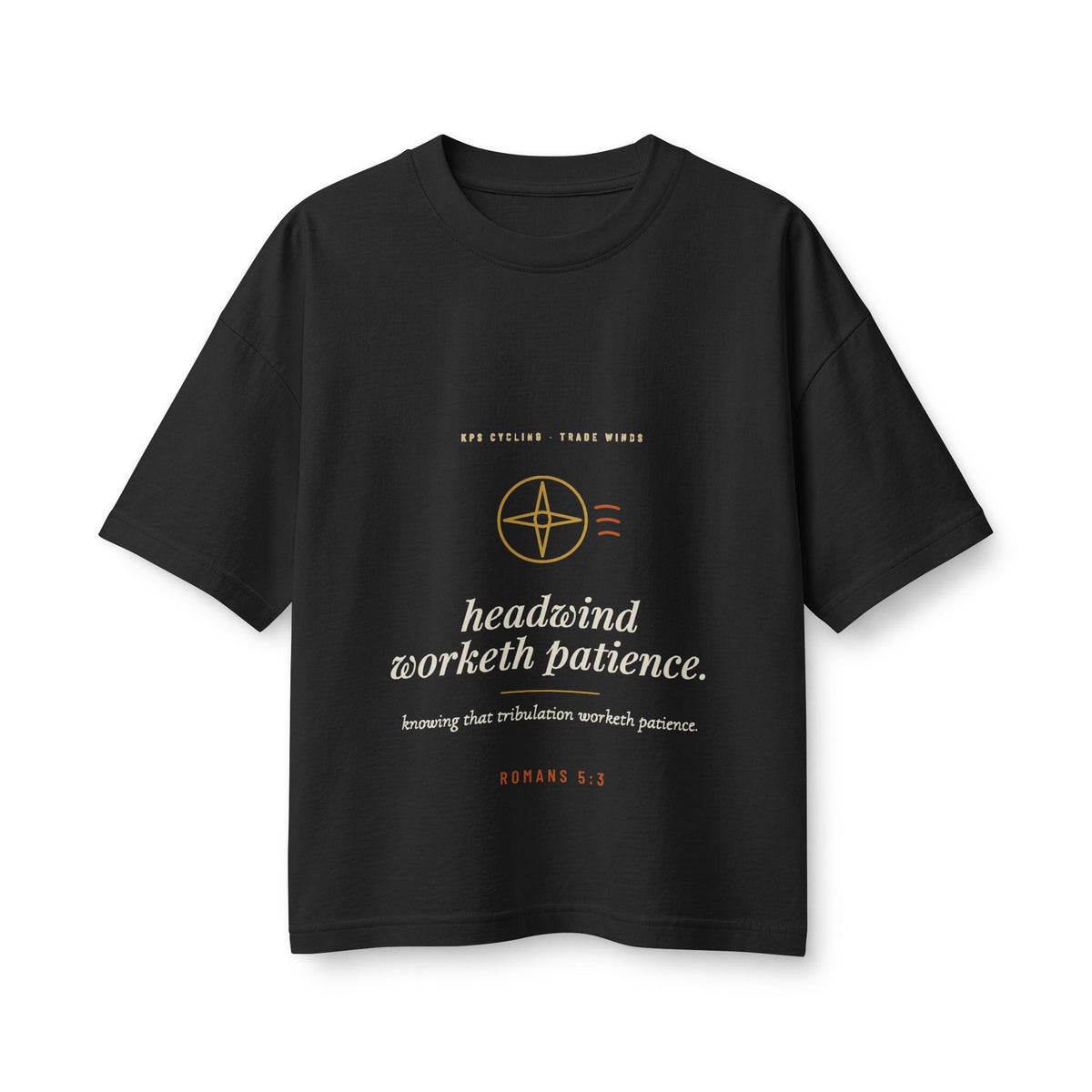 Headwind Worketh Patience Women's Boxy Tee, Vintage Black, front view, HEADWIND WORKETH PATIENCE. Romans 5:3 (KJV)