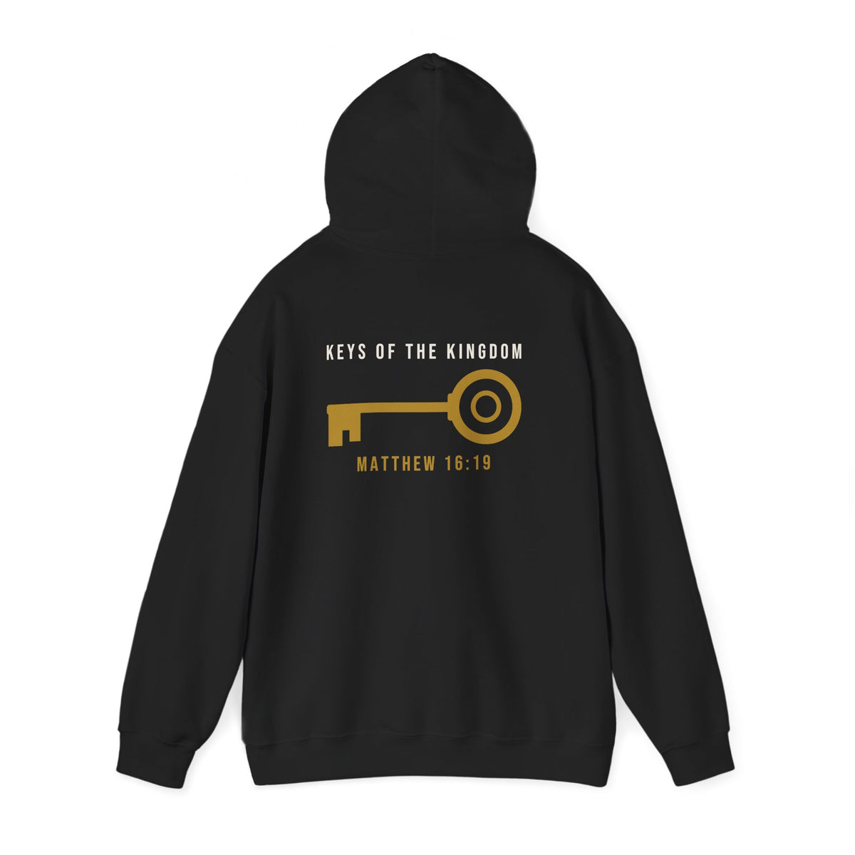 Keys of the Kingdom Hoodie, hoodie, Black, back view, hood up: KEYS OF THE KINGDOM, gold key and MATTHEW 16:19 across the back, Matthew 16:19 (KJV)