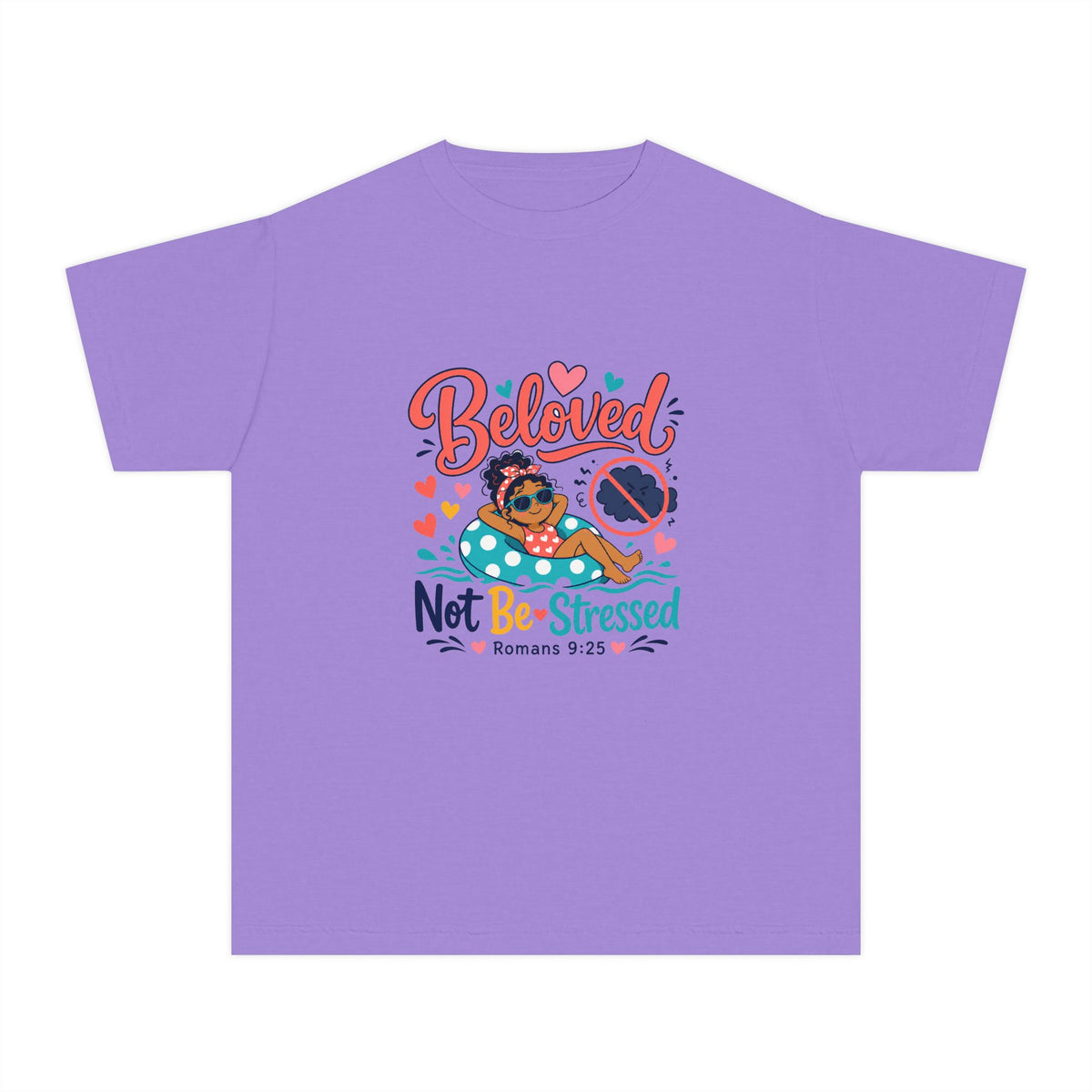 Beloved Youth Tee, kids' t-shirt, Violet, front view, BELOVED. NOT BE-STRESSED., Romans 9:25 (KJV)