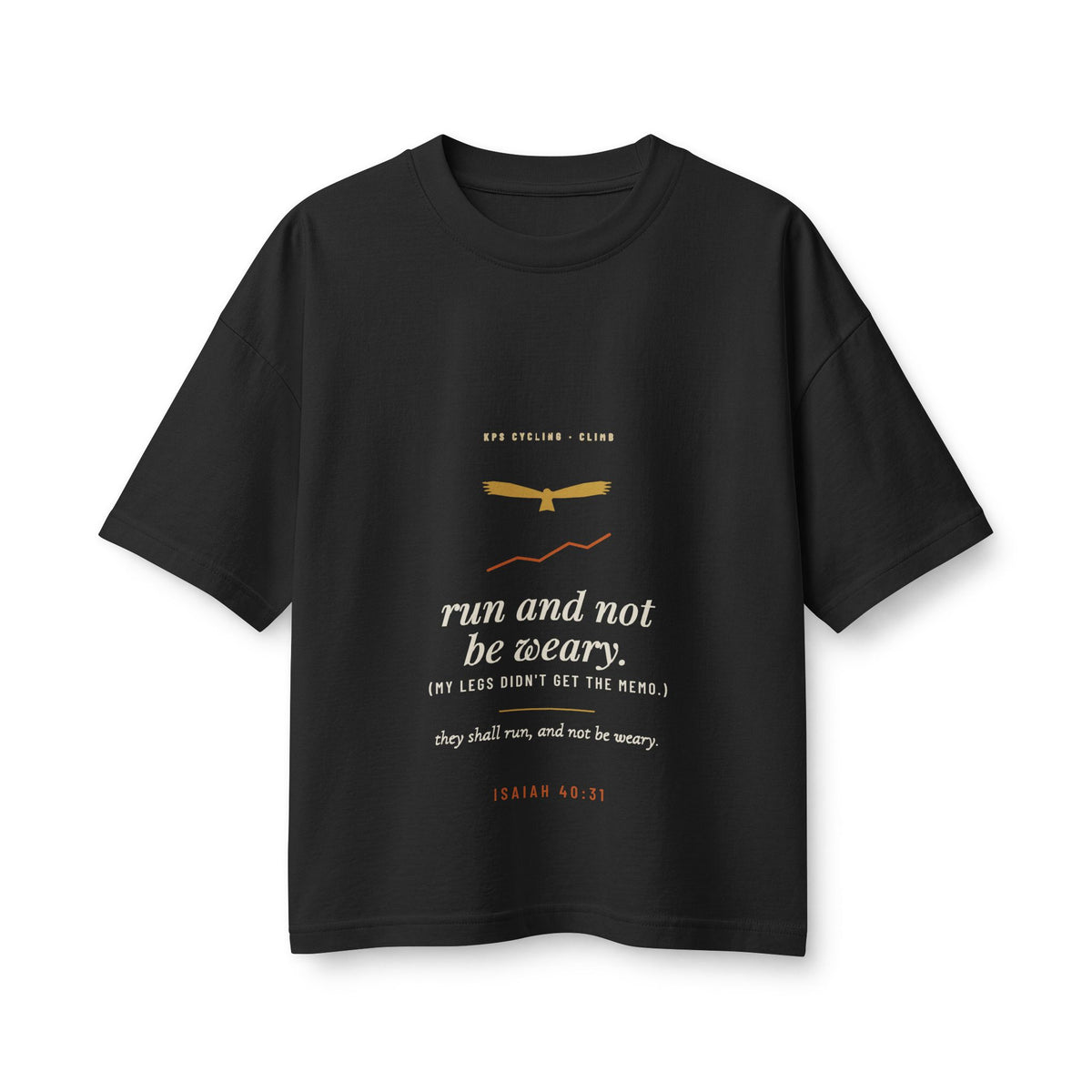 Run and Not Be Weary Women's Boxy Tee, Vintage Black, front view, RUN AND NOT BE WEARY. (MY LEGS DIDN'T GET THE MEMO.) Isaiah 40:31 (KJV)