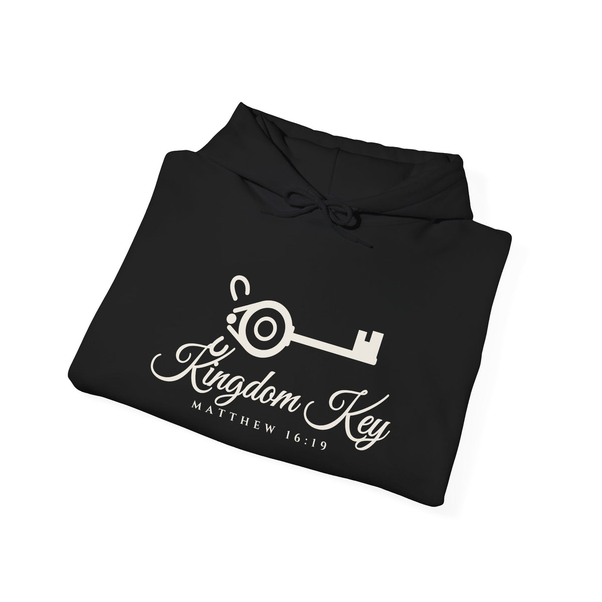 Kingdom Key Hoodie in Black, folded, front: key with Kingdom Key script and MATTHEW 16:19, Matthew 16:19 (KJV)