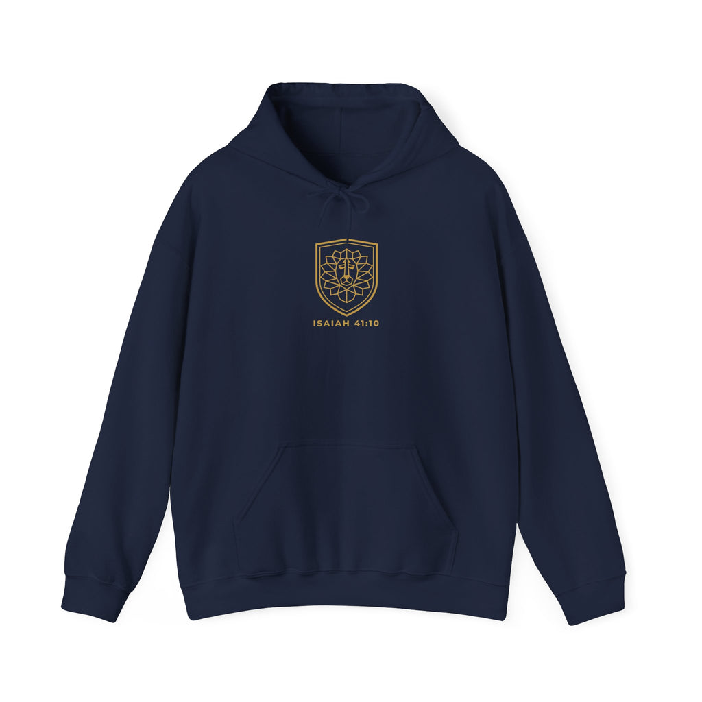 Fear Not Lion Hoodie, hoodie, Navy, front view, small chest mark, FEAR NOT., Isaiah 41:10 (KJV)