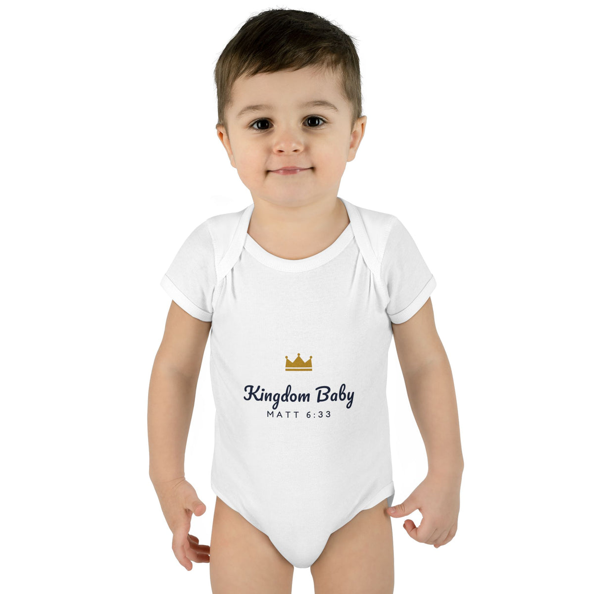 Kingdom Baby Bodysuit, baby bodysuit, White, front view, worn by a toddler, KINGDOM BABY with gold crown, Matthew 6:33 (KJV)