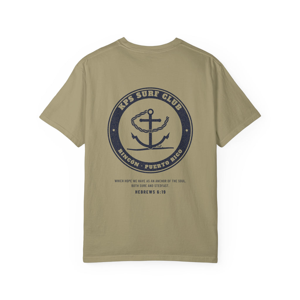 KPS Surf Club Anchor Tee, Khaki, back view, KPS SURF CLUB. Hebrews 6:19 (KJV)