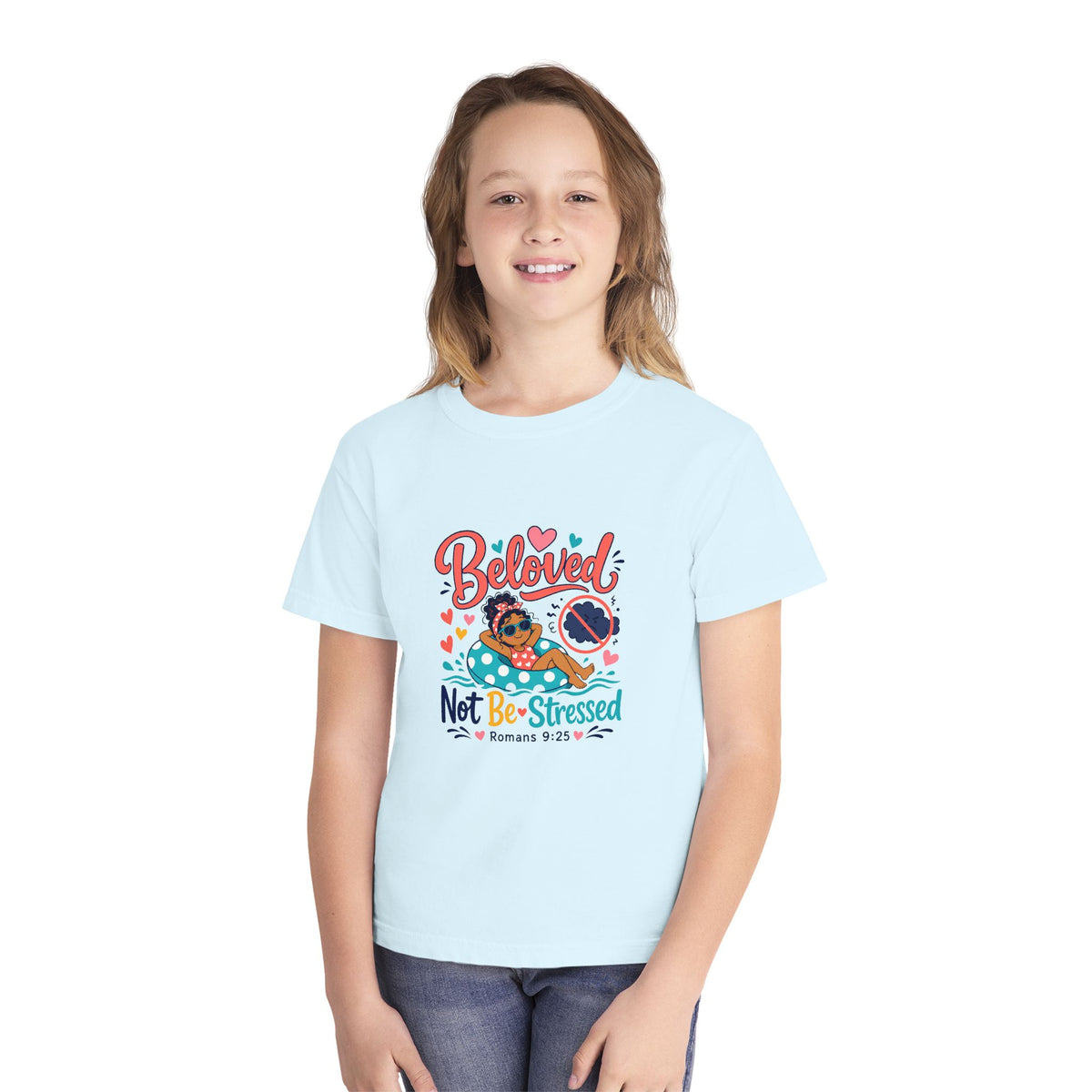 Beloved Youth Tee, kids' t-shirt, Chambray, front view, worn by a child, BELOVED. NOT BE-STRESSED., Romans 9:25 (KJV)
