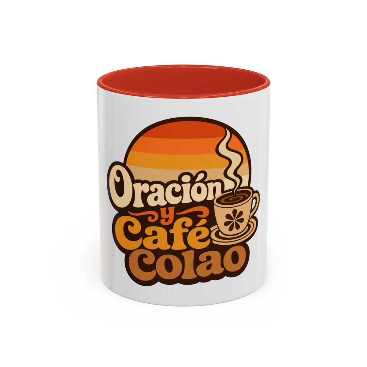 Oración y Café Colao Mug, mug, Red inside and handle, front view, ORACIÓN Y CAFÉ COLAO., Psalm 5:3 (KJV)