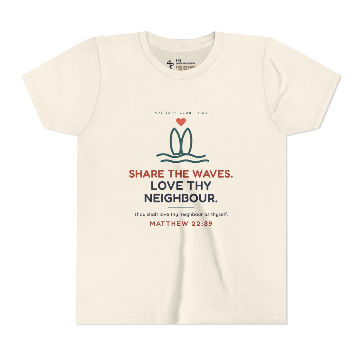 Share the Waves Youth Tee, Natural, front view, SHARE THE WAVES. LOVE THY NEIGHBOUR., Matthew 22:39 (KJV)