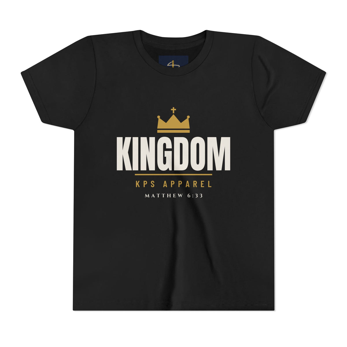 Kids Kingdom Tee in Black, front print: crown and KINGDOM wordmark, Matthew 6:33 (KJV)