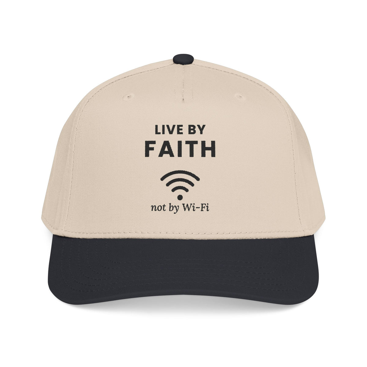 Not by Wi-Fi Cap in Natural with Black brim, front view: LIVE BY FAITH, Wi-Fi icon, not by Wi-Fi front print, Habakkuk 2:4 (KJV)