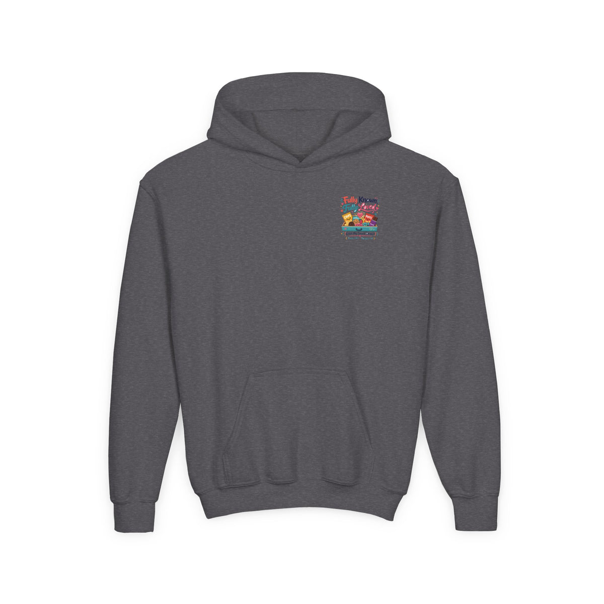 Fully Known Youth Hoodie, kids' hoodie, Dark Heather, front view, FULLY KNOWN, FULLY LOVED., Psalm 139:1 (KJV)