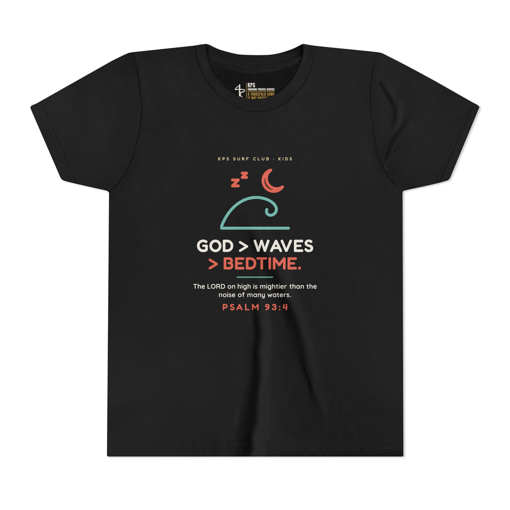 God > Waves > Bedtime Youth Tee, Black, front view, GOD > WAVES > BEDTIME., Psalm 93:4 (KJV)