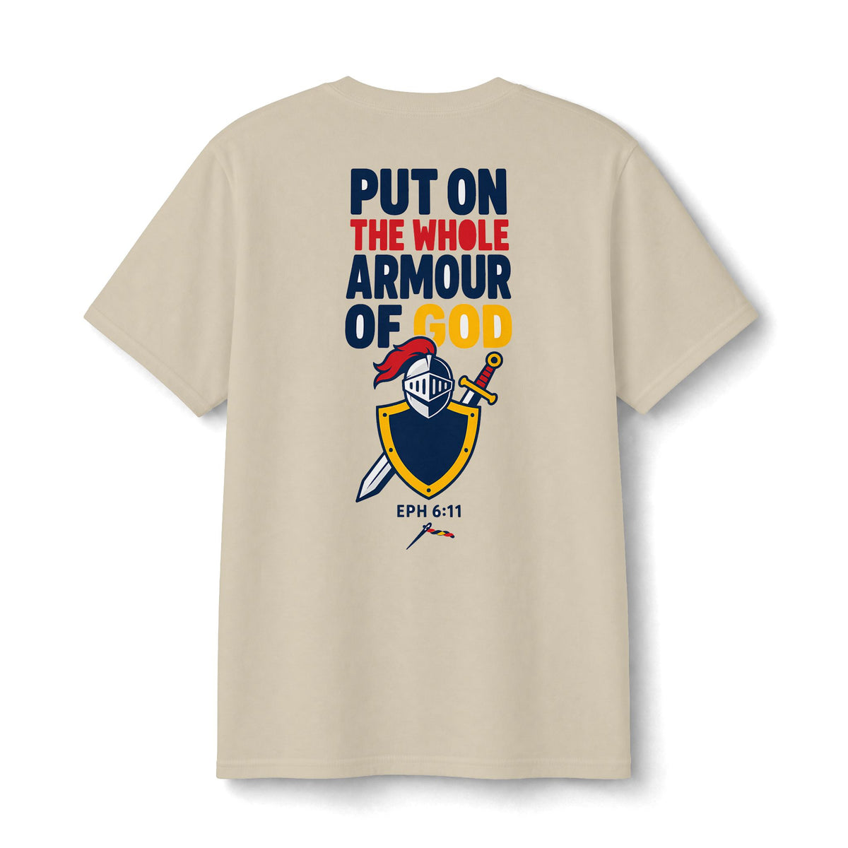 Armor of God Kids Tee in Sand, back print: knight and shield, PUT ON THE WHOLE ARMOUR OF GOD, Ephesians 6:11 (KJV)