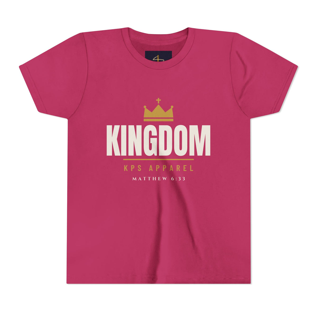Kids Kingdom Tee in Berry, front print: crown and KINGDOM wordmark, Matthew 6:33 (KJV)