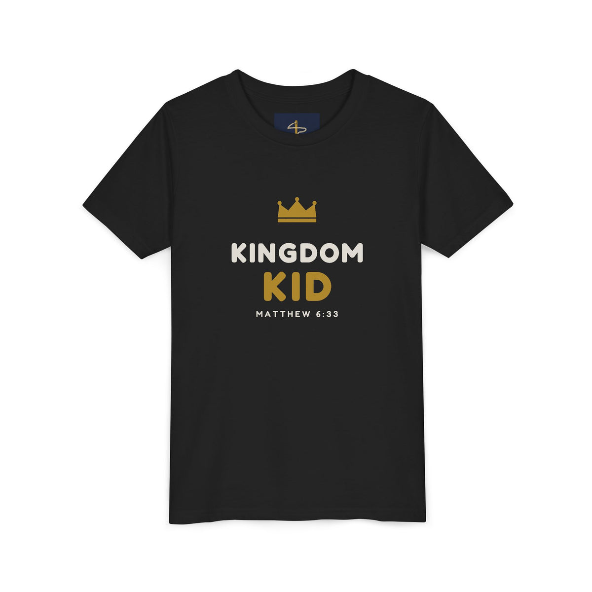 Kingdom Kid Youth Tee in Black, front view, second angle: KINGDOM KID. crown print, Matthew 6:33 (KJV)