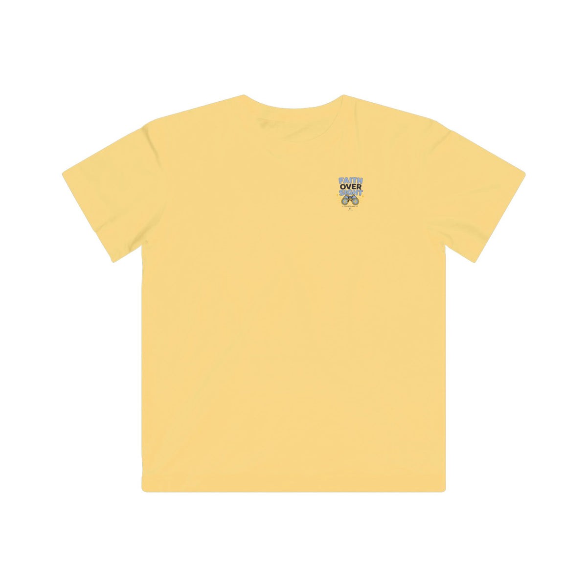 Faith Over Sight Kids Tee, Butter, front view, small chest emblem, FAITH OVER SIGHT., 2 Corinthians 5:7 (KJV)
