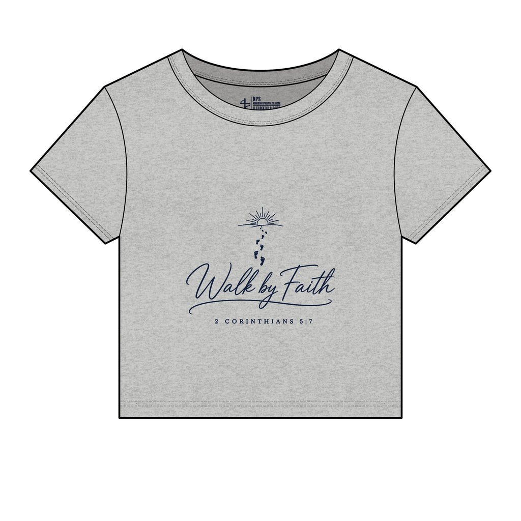 Walk by Faith Women's Baby Tee, Athletic Heather, front view, WALK BY FAITH., 2 Corinthians 5:7 (KJV)