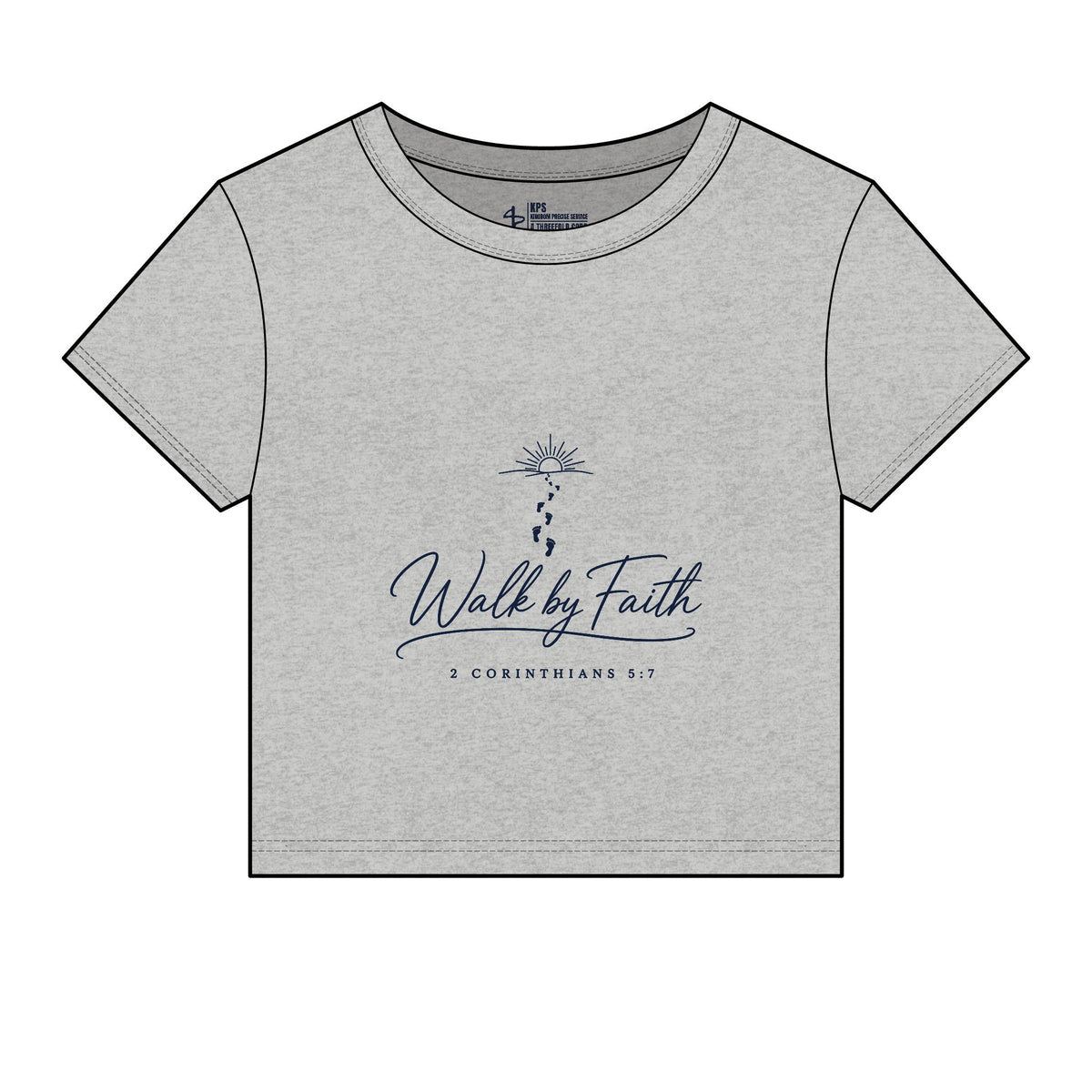 Walk by Faith Women's Baby Tee, Athletic Heather, front view, WALK BY FAITH., 2 Corinthians 5:7 (KJV)