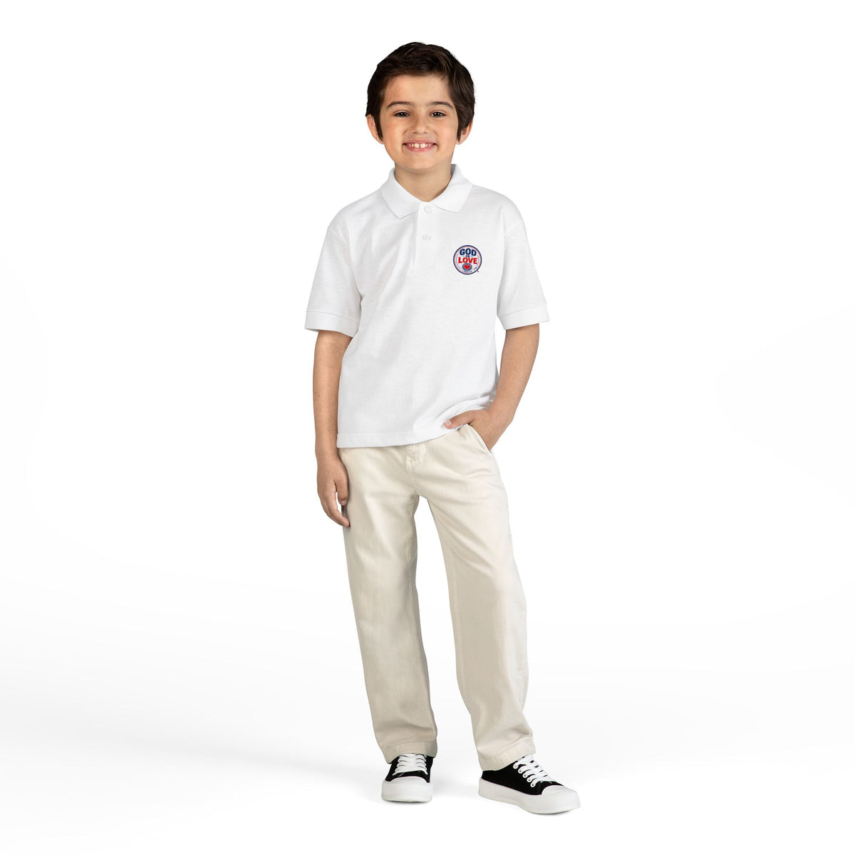 God Is Love Youth Polo, kids' polo, White, front view, worn by a child, GOD IS LOVE., 1 John 4:8 (KJV)