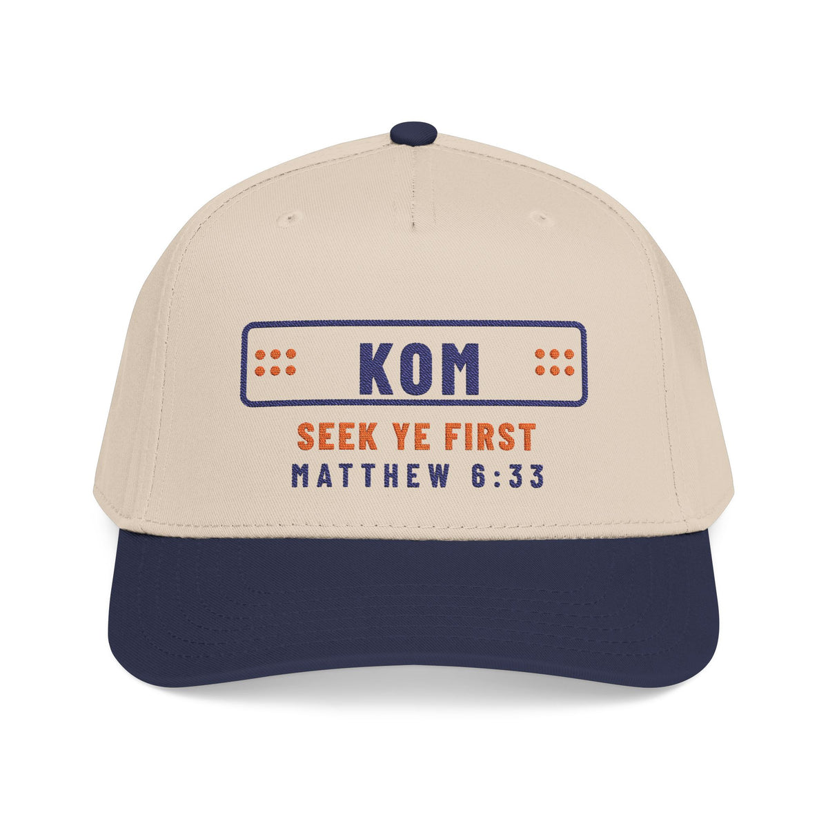 KOM Polka-Dot Cap, Navy / Natural, front view, SEEK YE FIRST. THEN THE KOM. Matthew 6:33 (KJV)