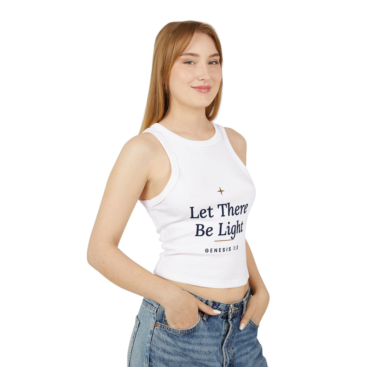 Let There Be Light Tank, racerback tank top, Solid White Blend, front view, worn by a woman, LET THERE BE LIGHT., Genesis 1:3 (KJV)