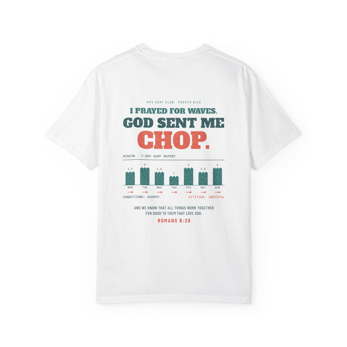 God Sent Me Chop Surf Tee, White, back view, I PRAYED FOR WAVES. GOD SENT ME CHOP. Romans 8:28 (KJV)