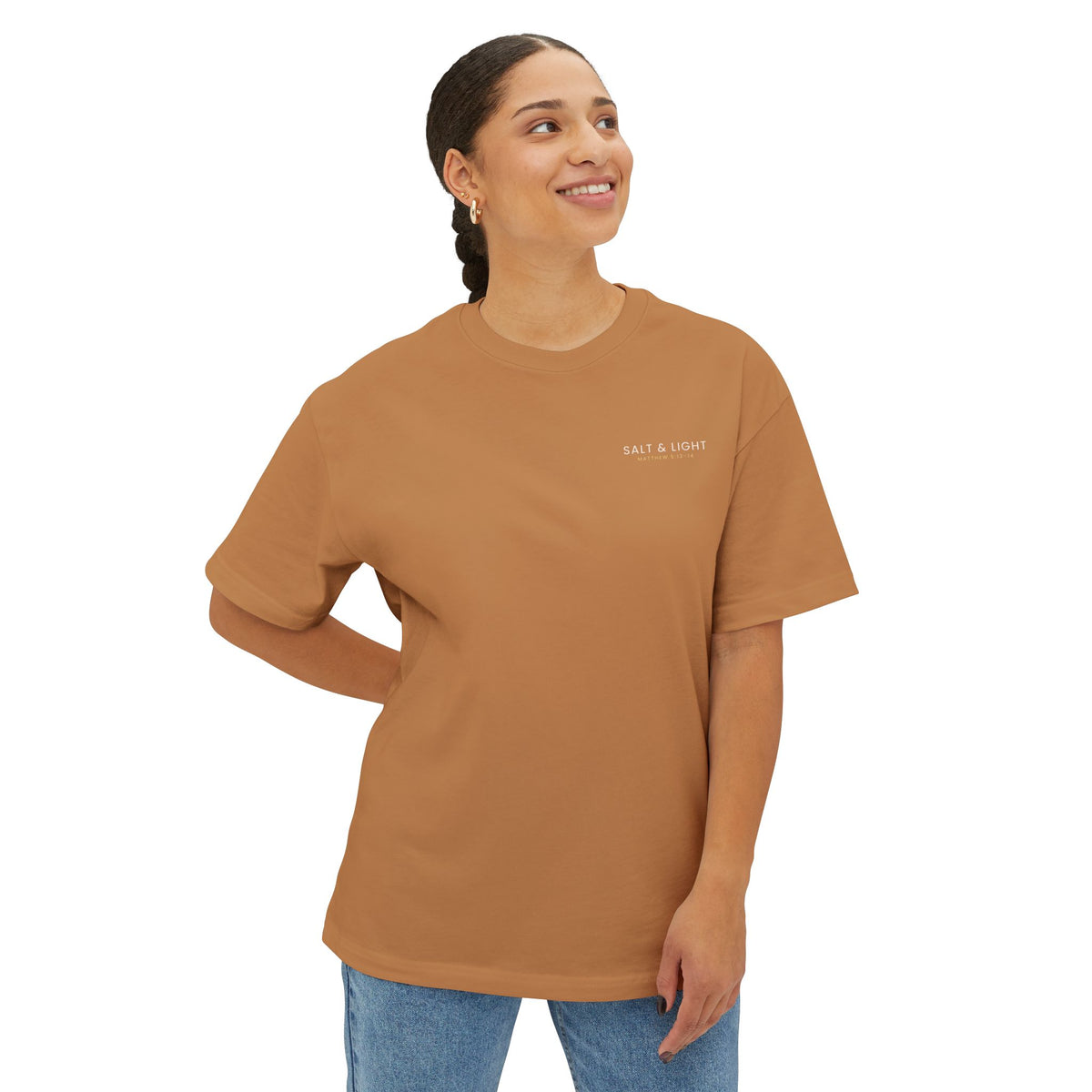 Salt & Light Boxy Tee, t-shirt, Toast, front view, worn by a woman, SALT & LIGHT., Matthew 5:13–14 (KJV)