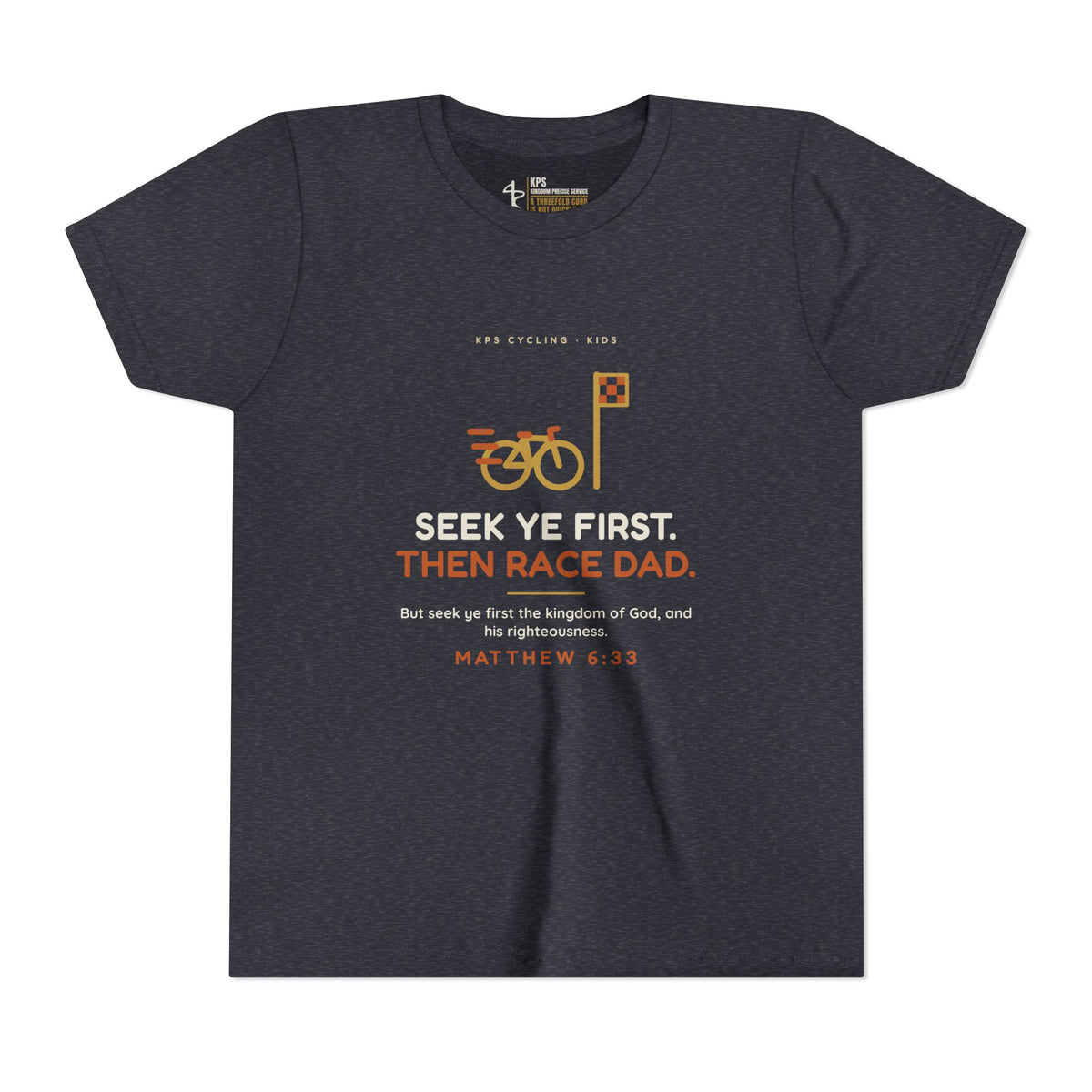 Seek Ye First, Then Race Dad Youth Tee, Heather Navy, front view, SEEK YE FIRST. THEN RACE DAD., Matthew 6:33 (KJV)