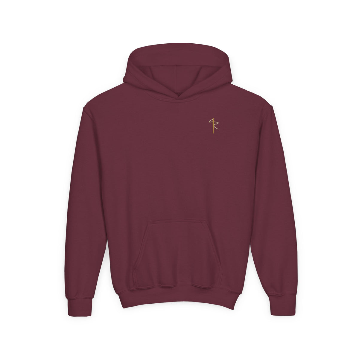 Child of God Youth Hoodie, kids' hoodie, Maroon, front view with small KPS badge on the chest, A CHILD OF GOD… STILL ASKING “ARE WE THERE YET?”, John 1:12 (KJV)