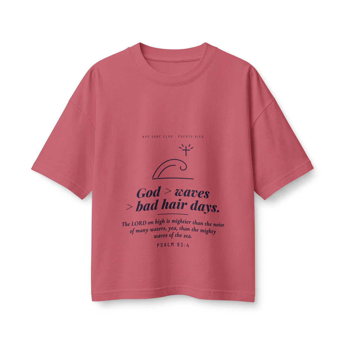 God > Waves > Bad Hair Days Women's Boxy Tee, Vintage Red, front view, GOD > WAVES > BAD HAIR DAYS. Psalm 93:4 (KJV)