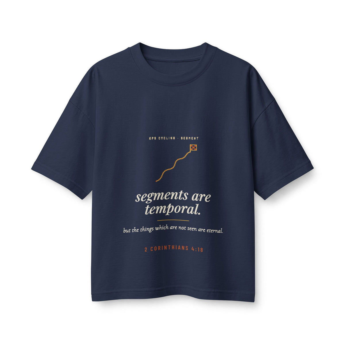 Segments Are Temporal Women's Boxy Tee, Navy, front view, SEGMENTS ARE TEMPORAL. 2 Corinthians 4:18 (KJV)