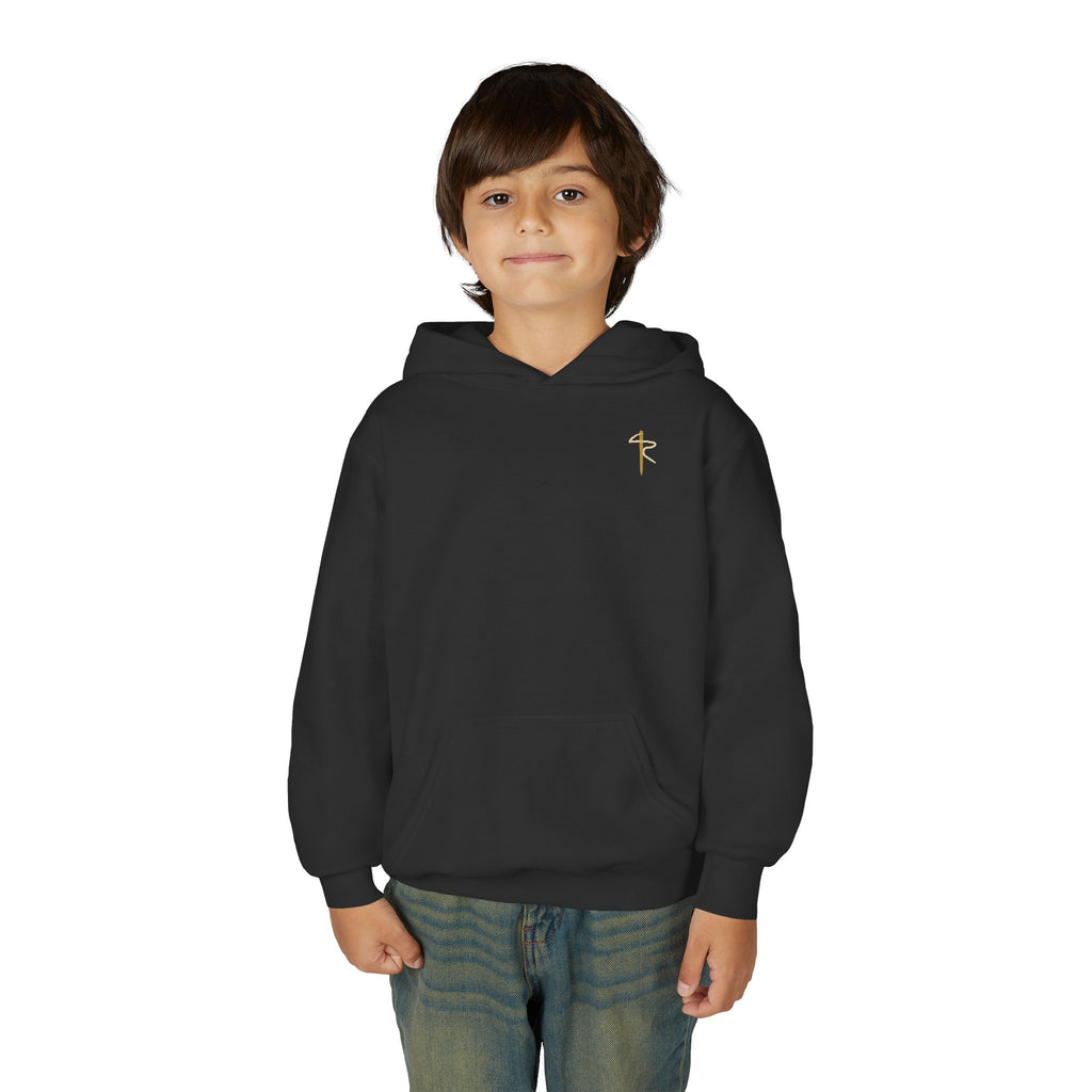 Child of God Youth Hoodie, kids' hoodie, Black, front view, worn by a child, A CHILD OF GOD… STILL ASKING “ARE WE THERE YET?”, 1 John 3:2 (KJV)