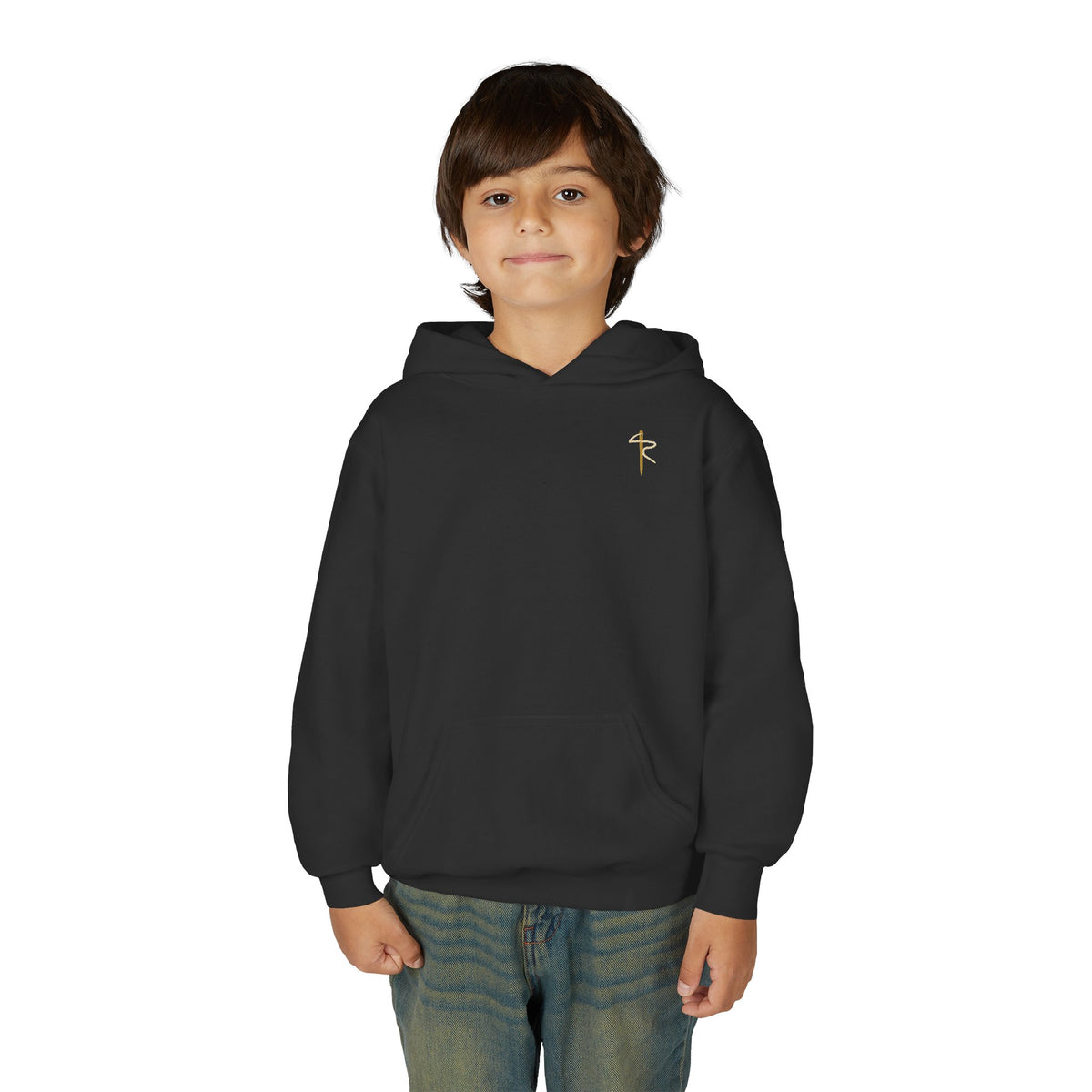 Child of God Youth Hoodie, kids' hoodie, Black, front view, worn by a child, A CHILD OF GOD… STILL ASKING “ARE WE THERE YET?”, 1 John 3:2 (KJV)