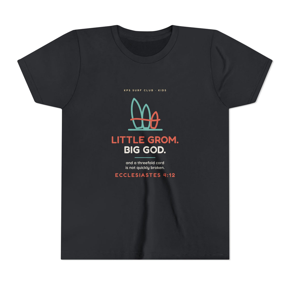 Little Grom. Big God. Youth Tee, Vintage Black, front view, LITTLE GROM. BIG GOD. Ecclesiastes 4:12 (KJV)