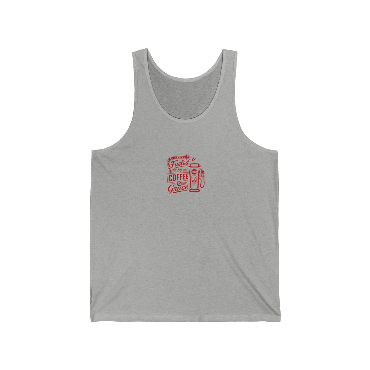 Fueled by Coffee & Grace Tank, tank top, Athletic Heather, front view, FUELED BY COFFEE & GRACE., 2 Corinthians 12:9 (KJV)