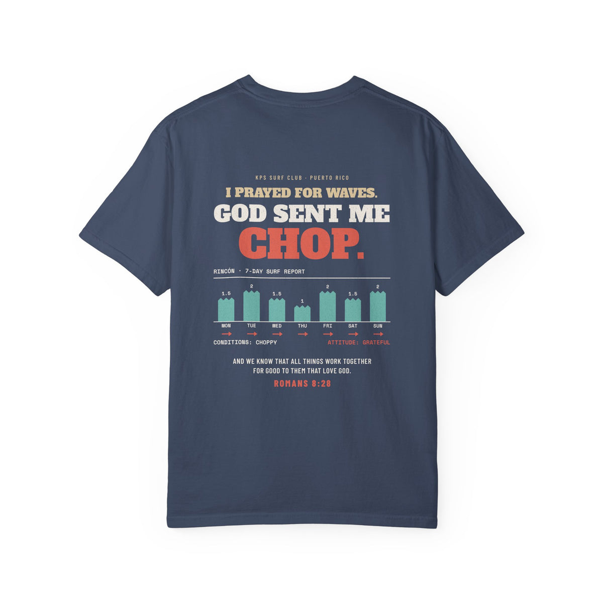 God Sent Me Chop Surf Tee, Midnight, back view, I PRAYED FOR WAVES. GOD SENT ME CHOP. Romans 8:28 (KJV)