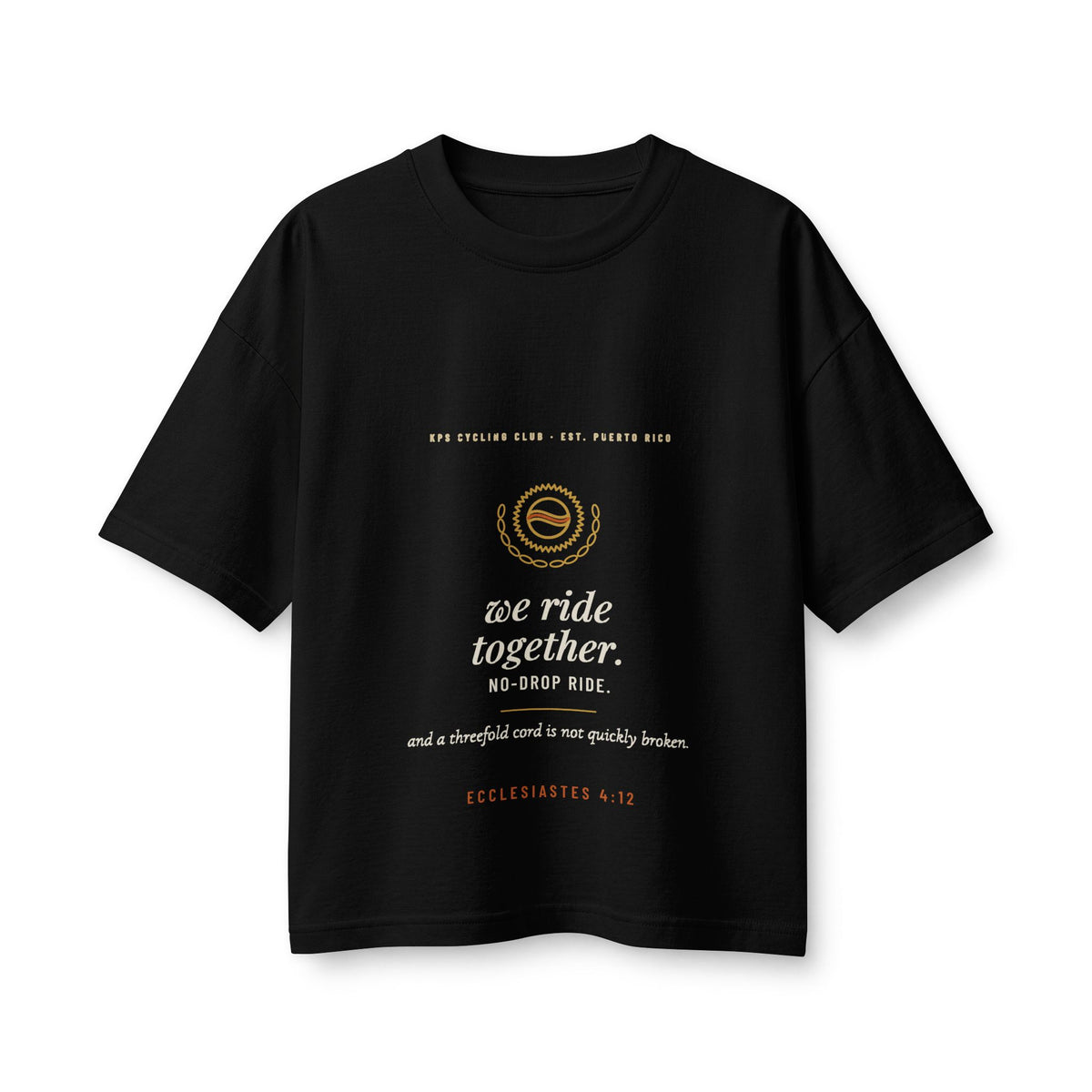 We Ride Together Women's Boxy Tee, Black, front view, WE RIDE TOGETHER. (NO-DROP RIDE.) Ecclesiastes 4:12 (KJV)