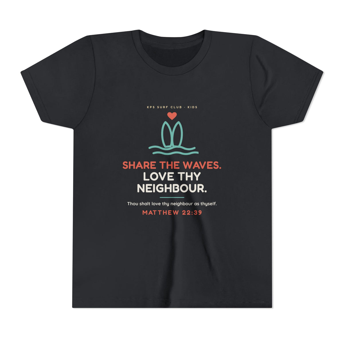 Share the Waves Youth Tee, Vintage Black, front view, SHARE THE WAVES. LOVE THY NEIGHBOUR. Matthew 22:39 (KJV)