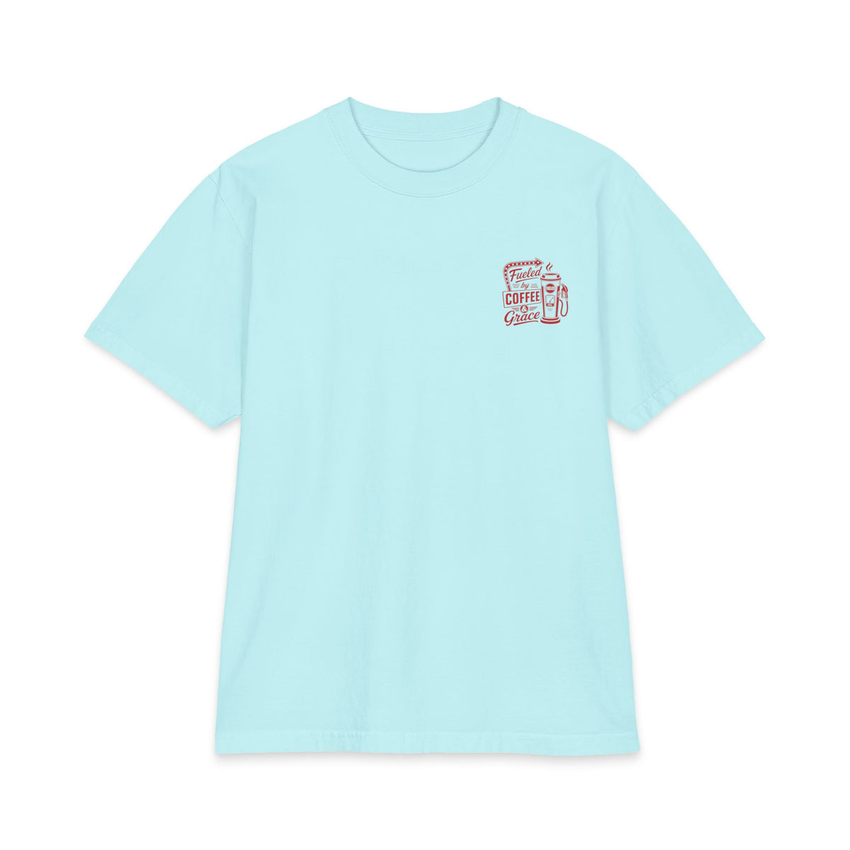 Fueled by Coffee & Grace Tee, t-shirt, Powder Blue, front view, FUELED BY COFFEE & GRACE., 2 Corinthians 12:9 (KJV)