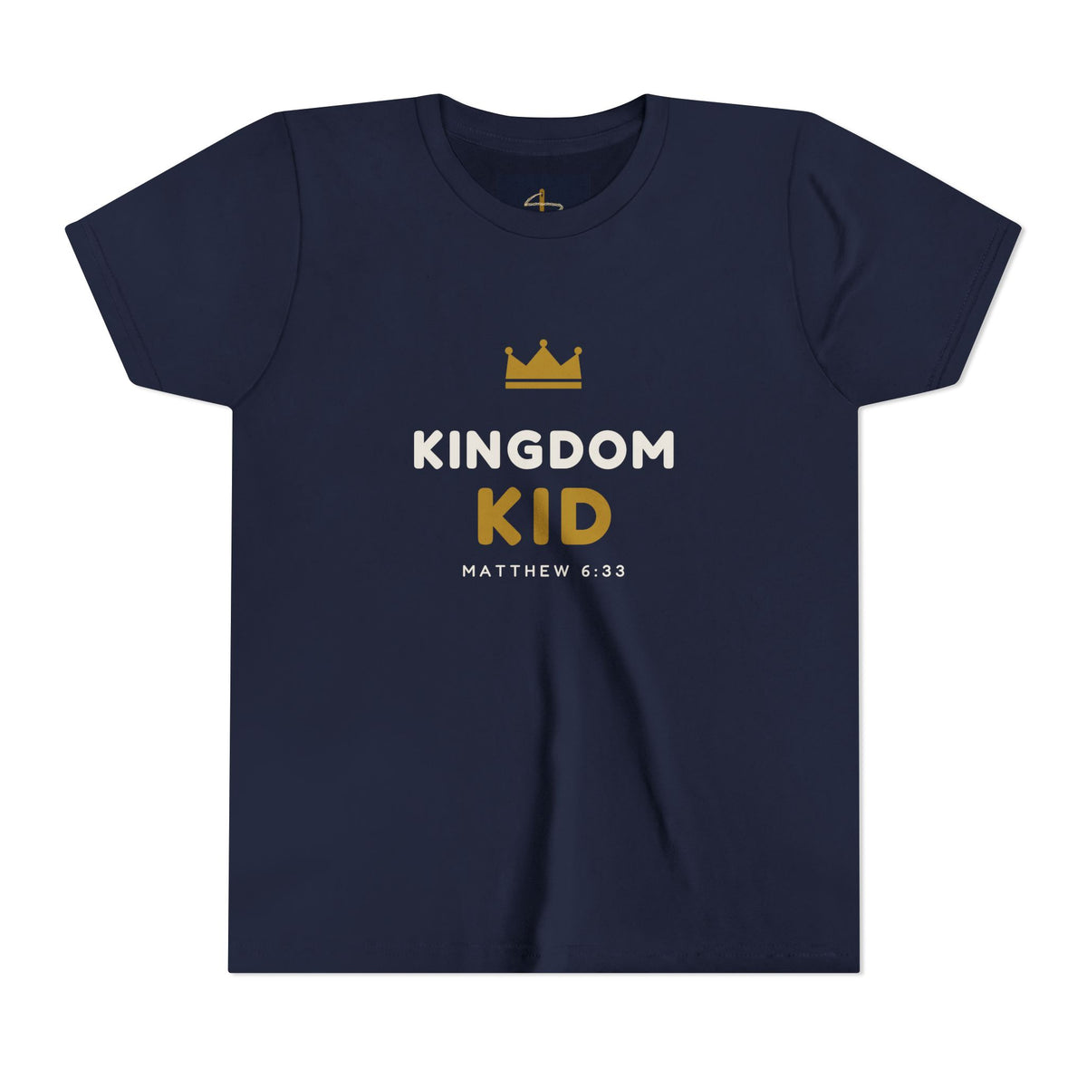Kingdom Kid Youth Tee in Navy, front view: KINGDOM KID. crown print, Matthew 6:33 (KJV)