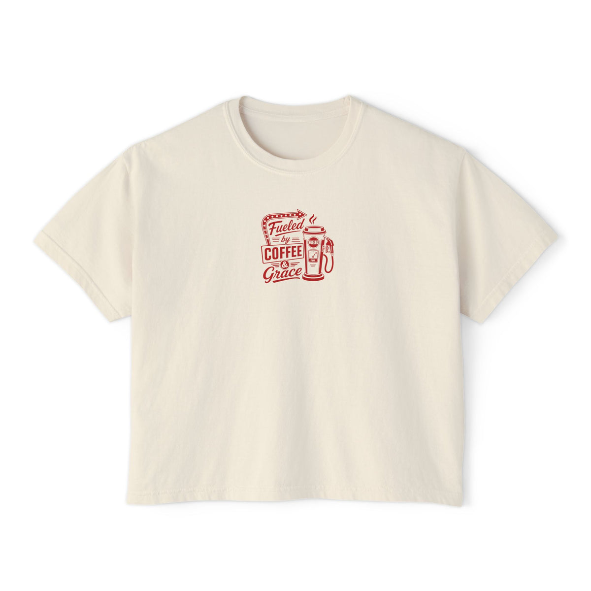 Fueled by Coffee & Grace Crop Tee, crop t-shirt, Ivory, front view, FUELED BY COFFEE & GRACE., 2 Corinthians 12:9 (KJV)