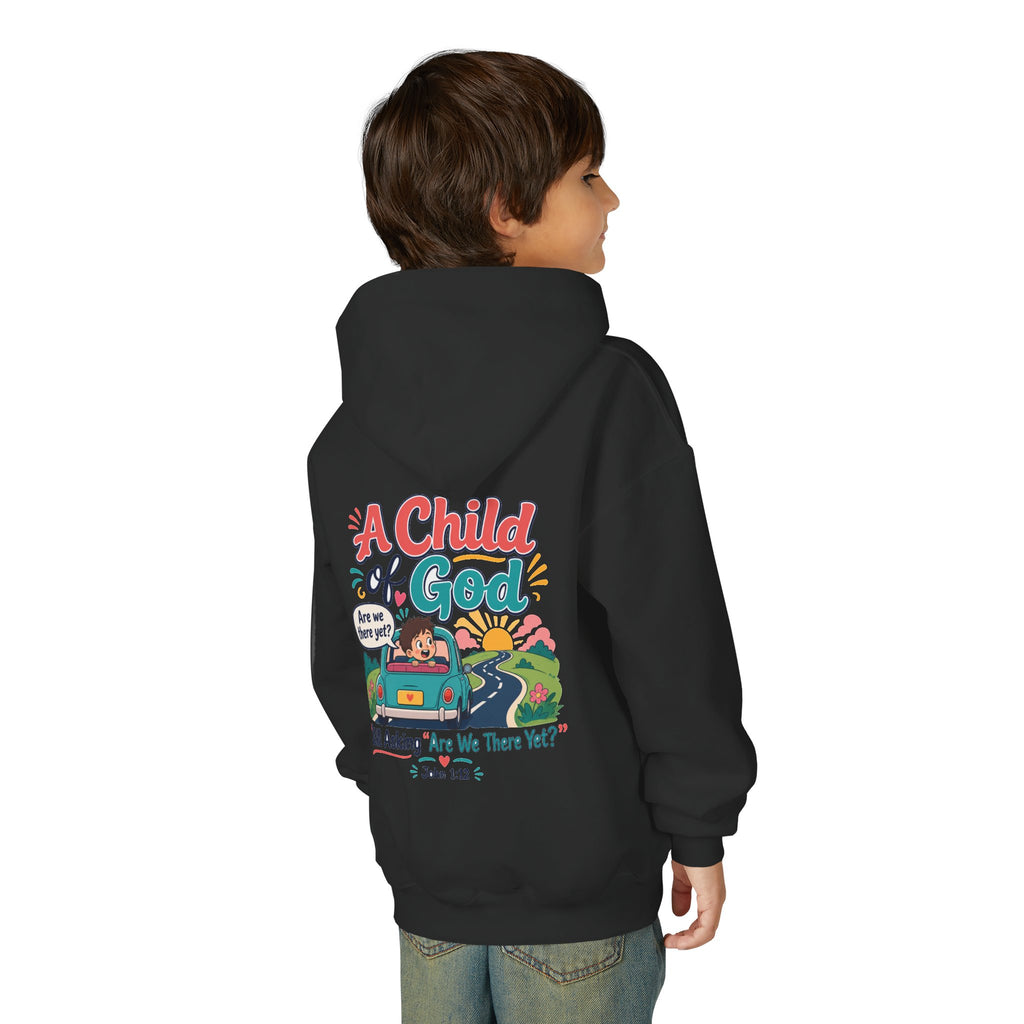 Child of God Youth Hoodie, kids' hoodie, Black, back view, worn by a child, A CHILD OF GOD… STILL ASKING “ARE WE THERE YET?”, 1 John 3:2 (KJV)