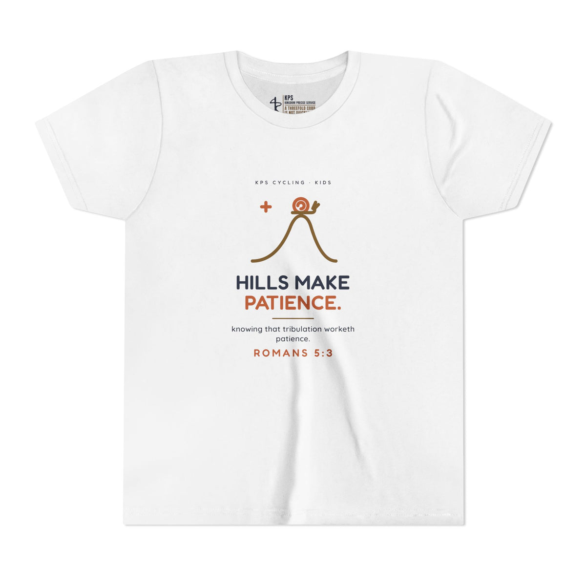 Hills Make Patience Youth Tee, White, front view, HILLS MAKE PATIENCE., Romans 5:3 (KJV)