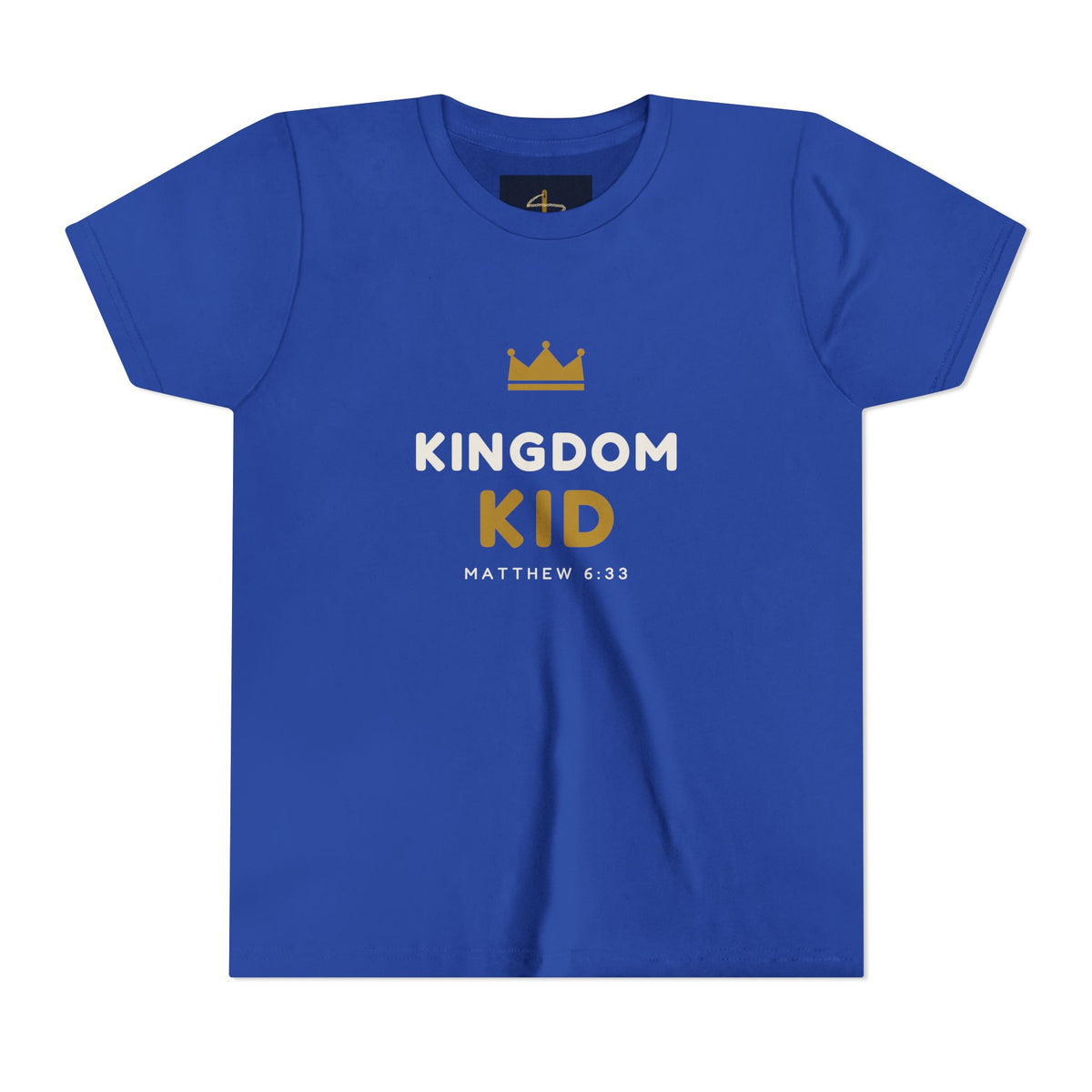 Kingdom Kid Youth Tee in True Royal, front view: KINGDOM KID. crown print, Matthew 6:33 (KJV)