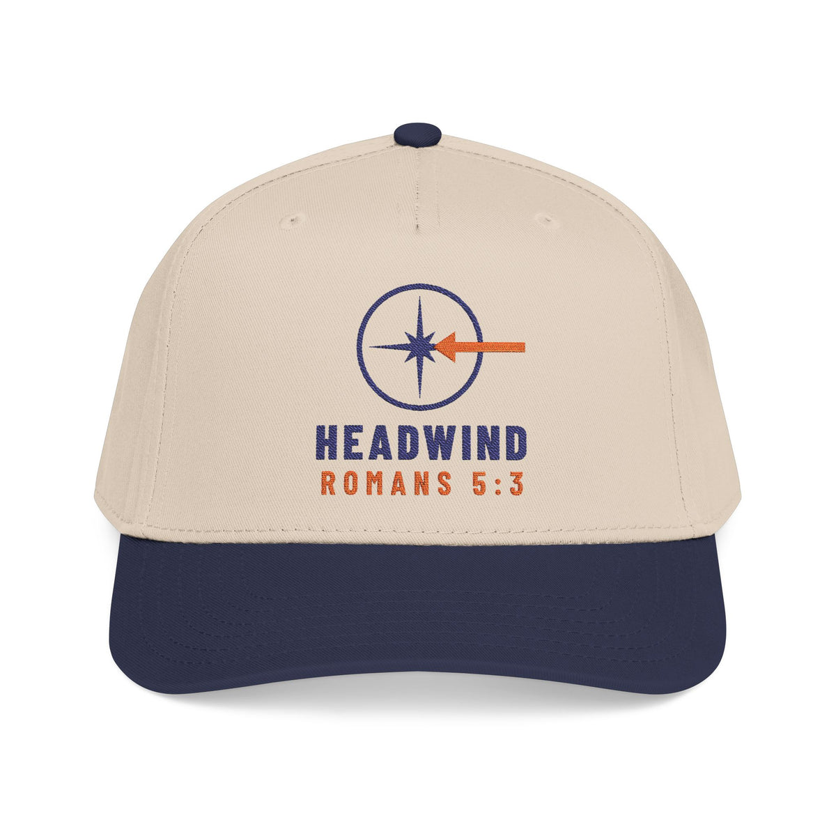 Headwind Compass Cap, Navy / Natural, front view, HEADWIND WORKETH PATIENCE. Romans 5:3 (KJV)
