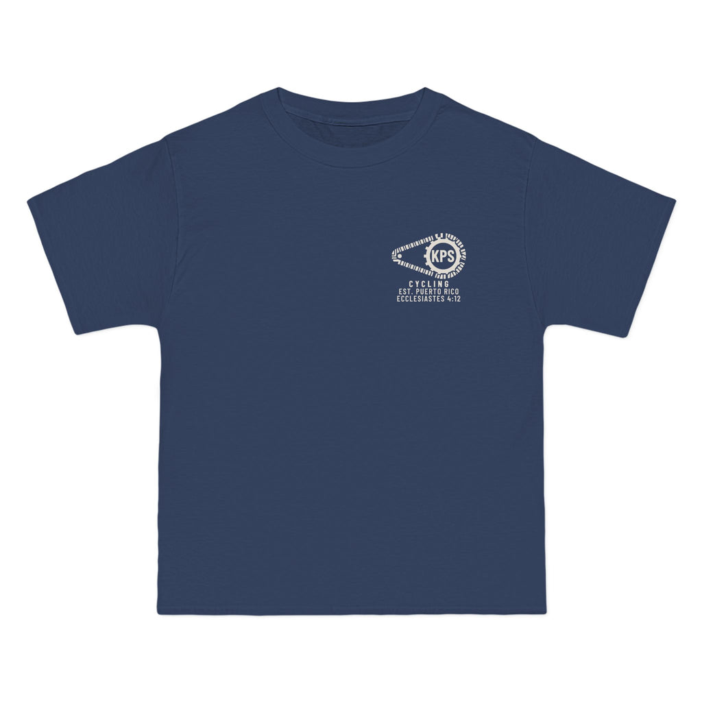 KPS Cycling Club Tee, Denim Blue, front view, KPS CYCLING CLUB. Ecclesiastes 4:12 (KJV)