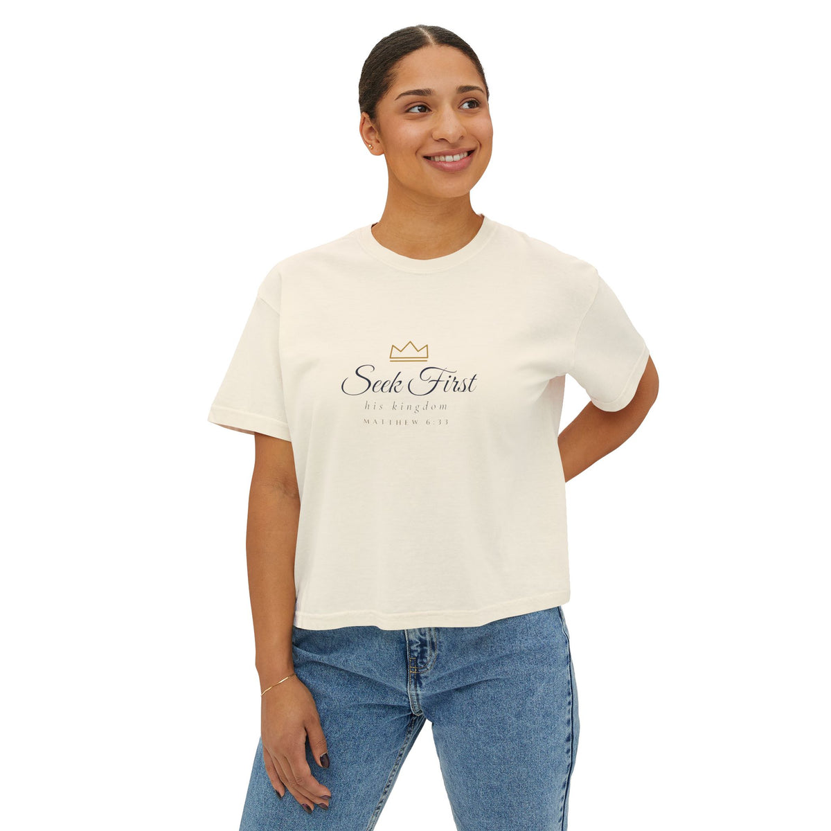 Seek First Crop Tee, crop tee, Ivory, front view, worn by a woman, SEEK FIRST his kingdom with crown, Matthew 6:33 (KJV)